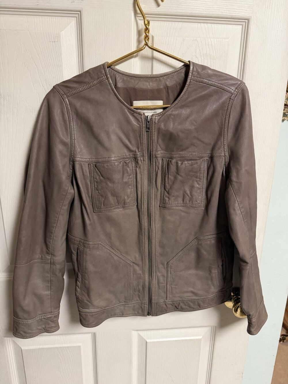 Hinge Brown Leather Jacket Zipper Closure Size Small Front Pockets 36w 23L